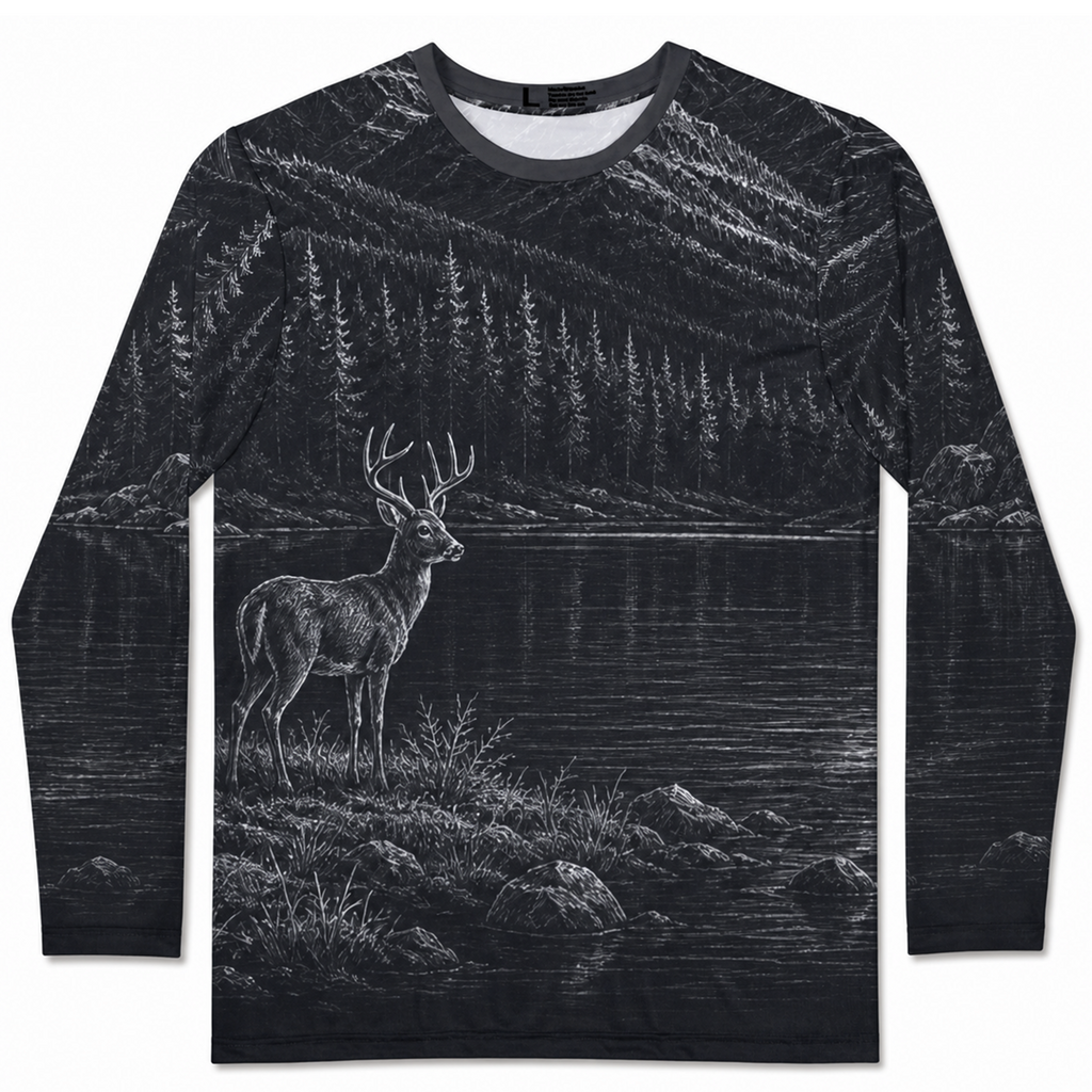 Mountain Lake Deer Illustration Long Sleeve Shirt | Night Wilderness Scene