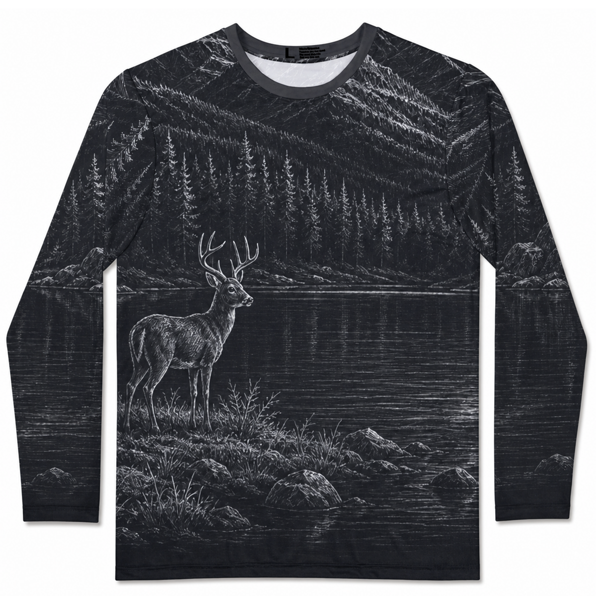 Mountain Lake Deer Illustration Long Sleeve Shirt | Night Wilderness Scene