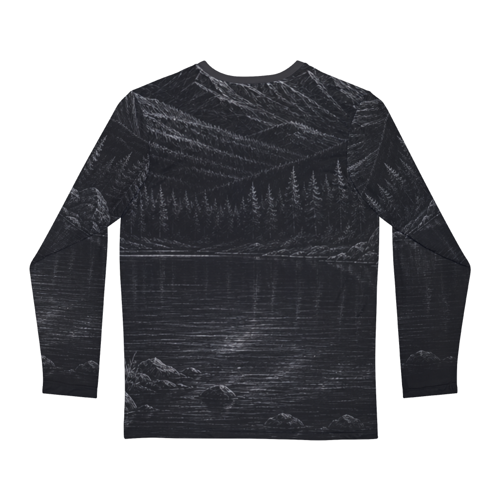 Mountain Lake Deer Illustration Long Sleeve Shirt | Night Wilderness Scene