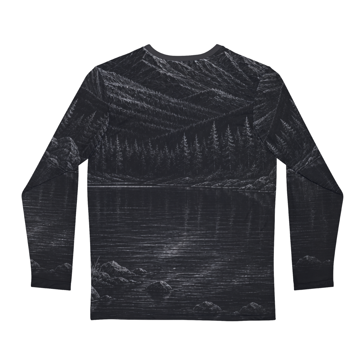 Mountain Lake Deer Illustration Long Sleeve Shirt | Night Wilderness Scene