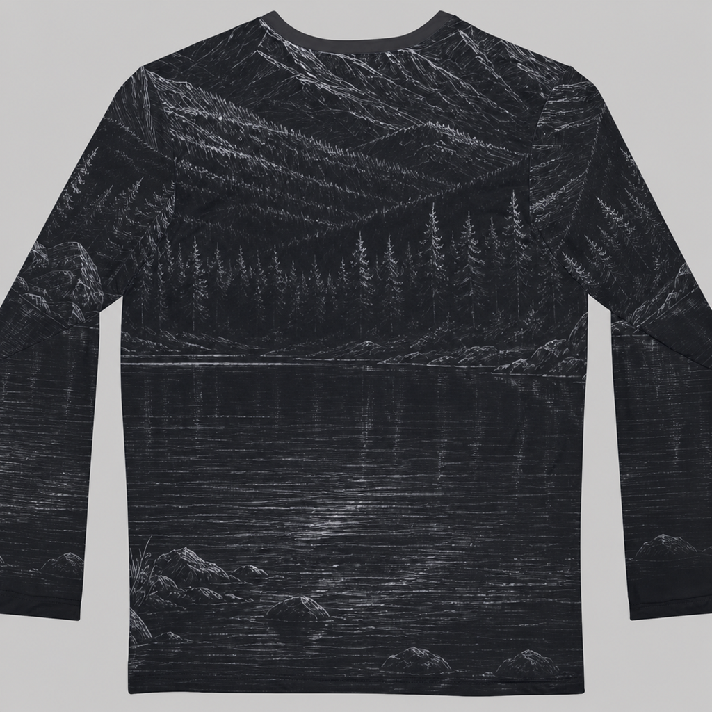 Mountain Lake Deer Illustration Long Sleeve Shirt | Night Wilderness Scene