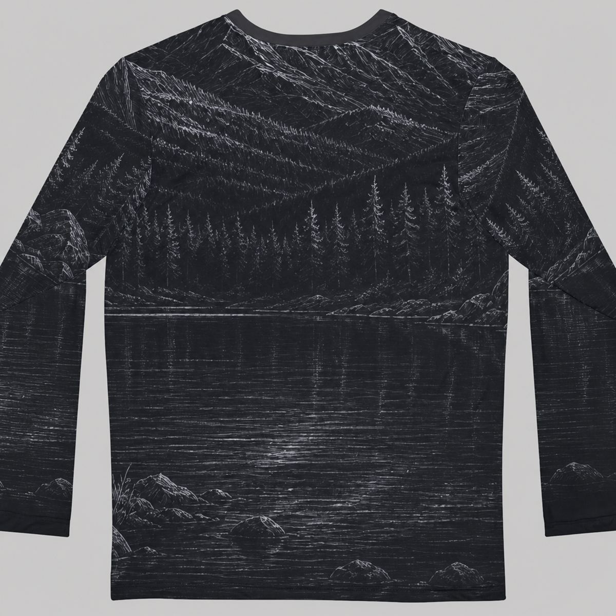 Mountain Lake Deer Illustration Long Sleeve Shirt | Night Wilderness Scene