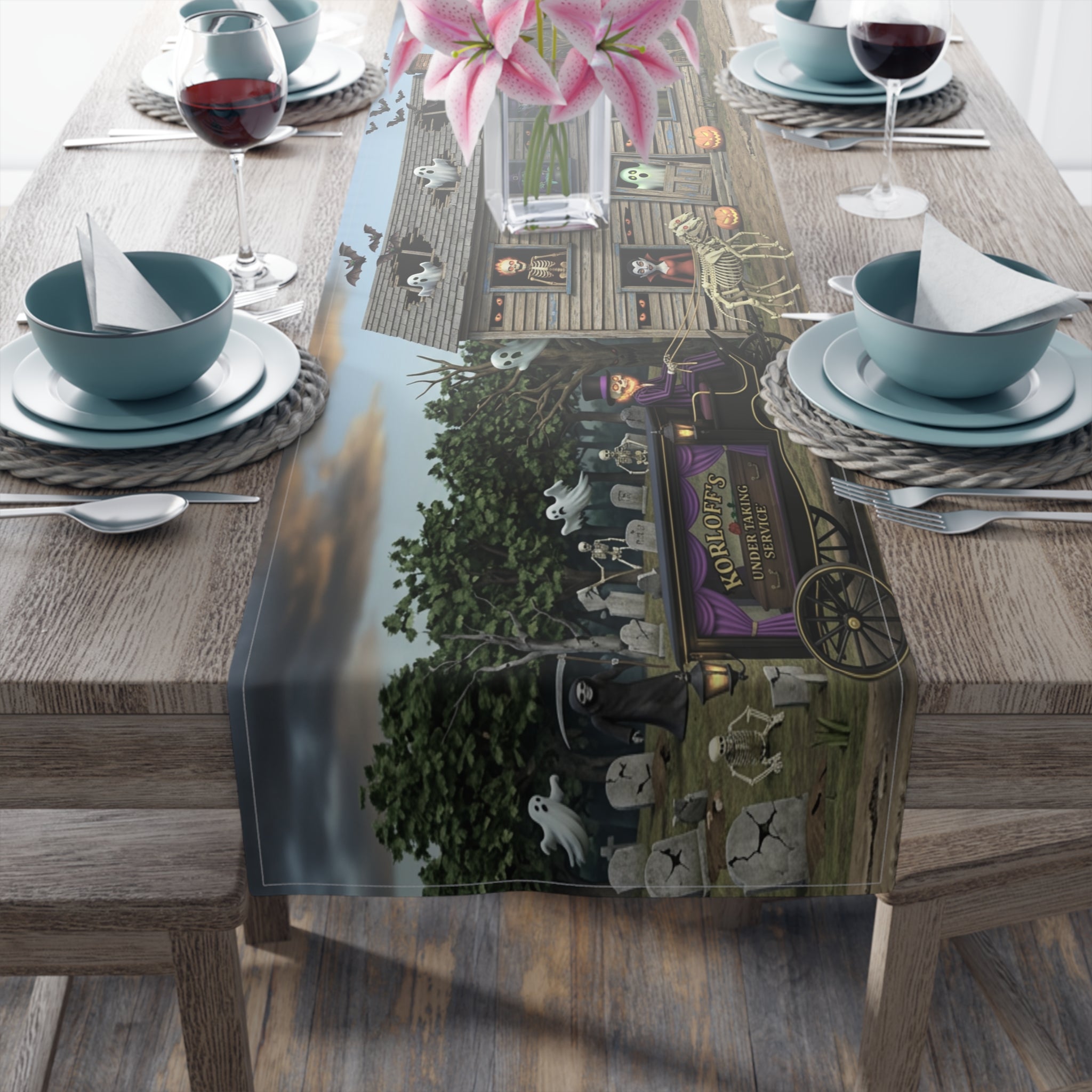Haunted  Scene Table Runner | Halloween Spooky Coffin Carriage