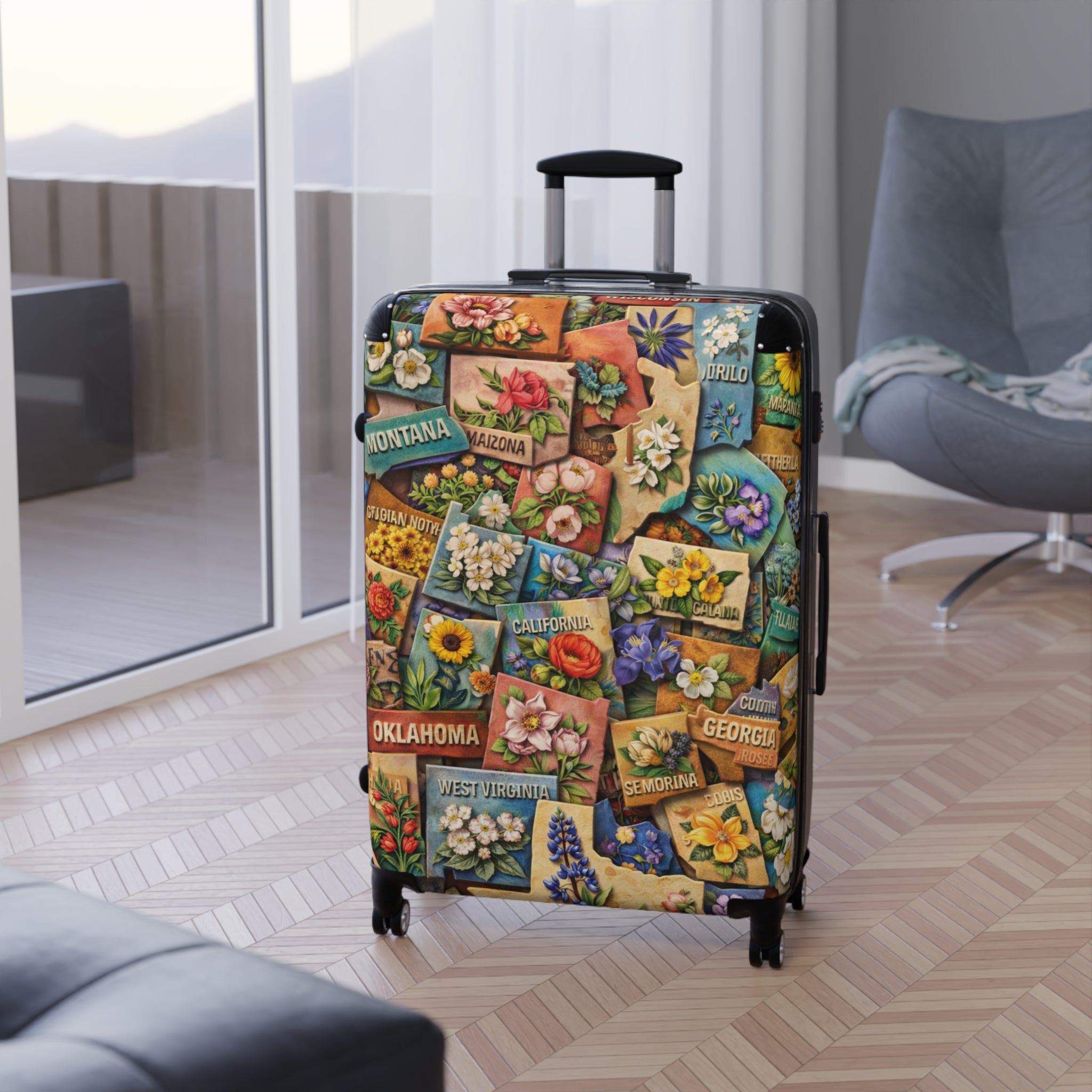 USA State Map Collage with State Flowers Suitcase