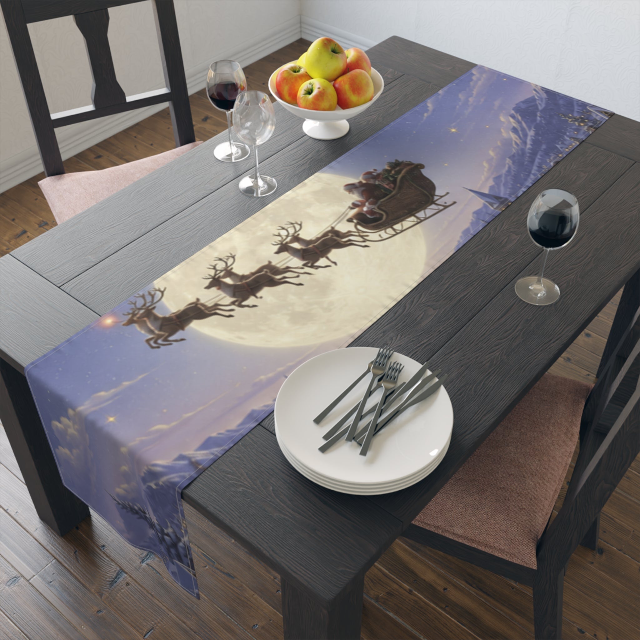 Santa and Reindeer Moonlit Scene Table Runner