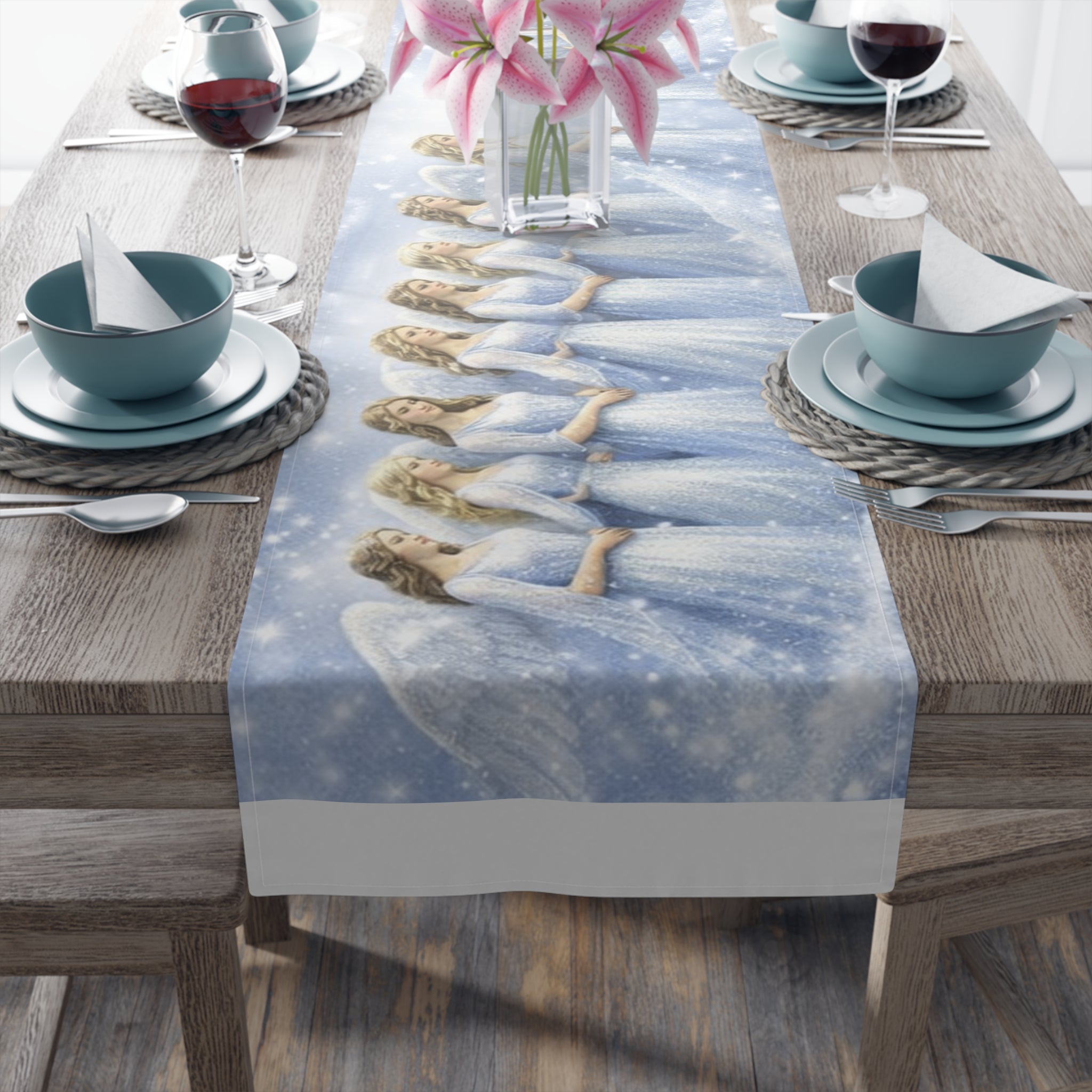 Angelic Women Illustration Table Runner | Heavenly Figures, Soft Pastel