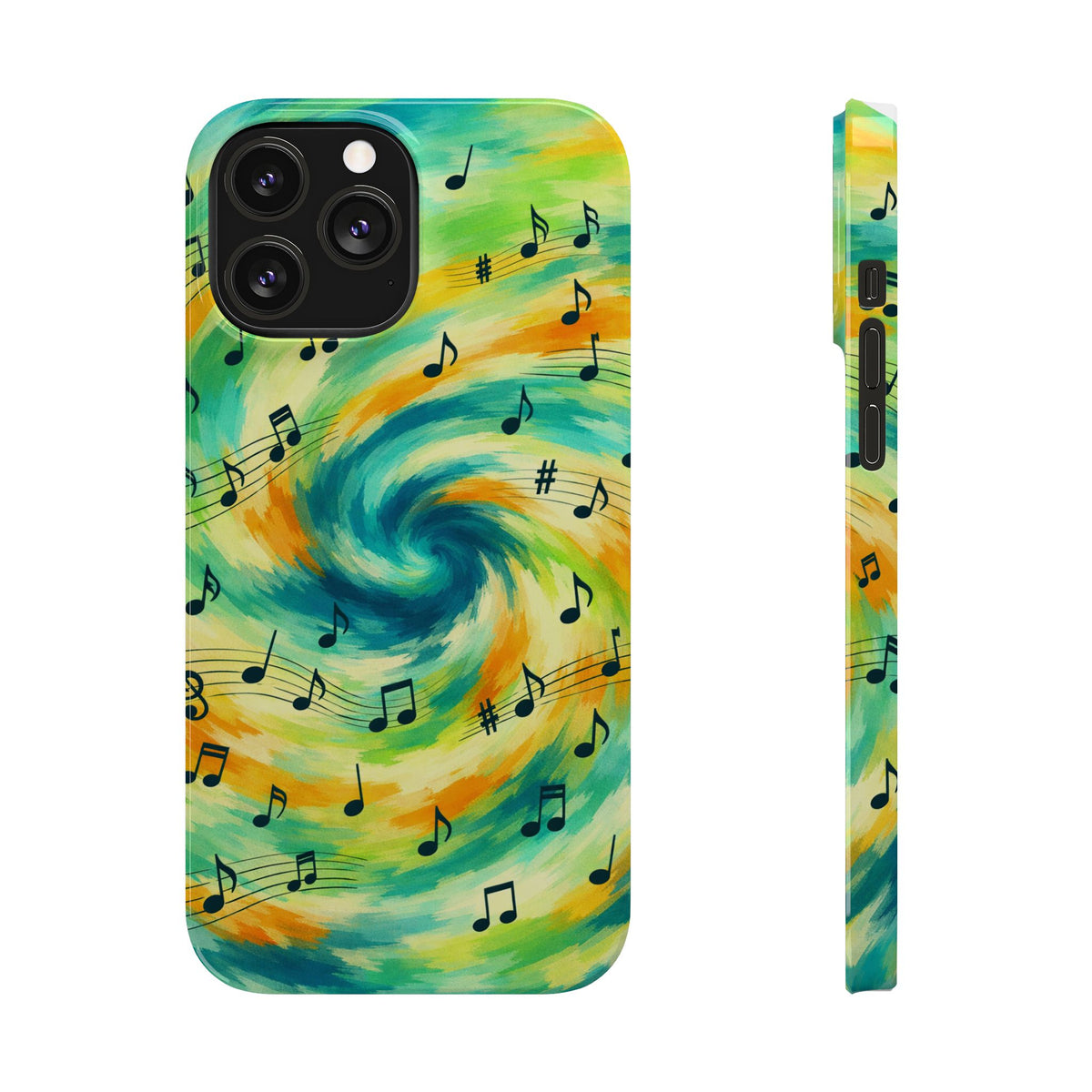 Music Notes Swirl Slim Phone Case | Colorful Turquoise Yellow Galaxy