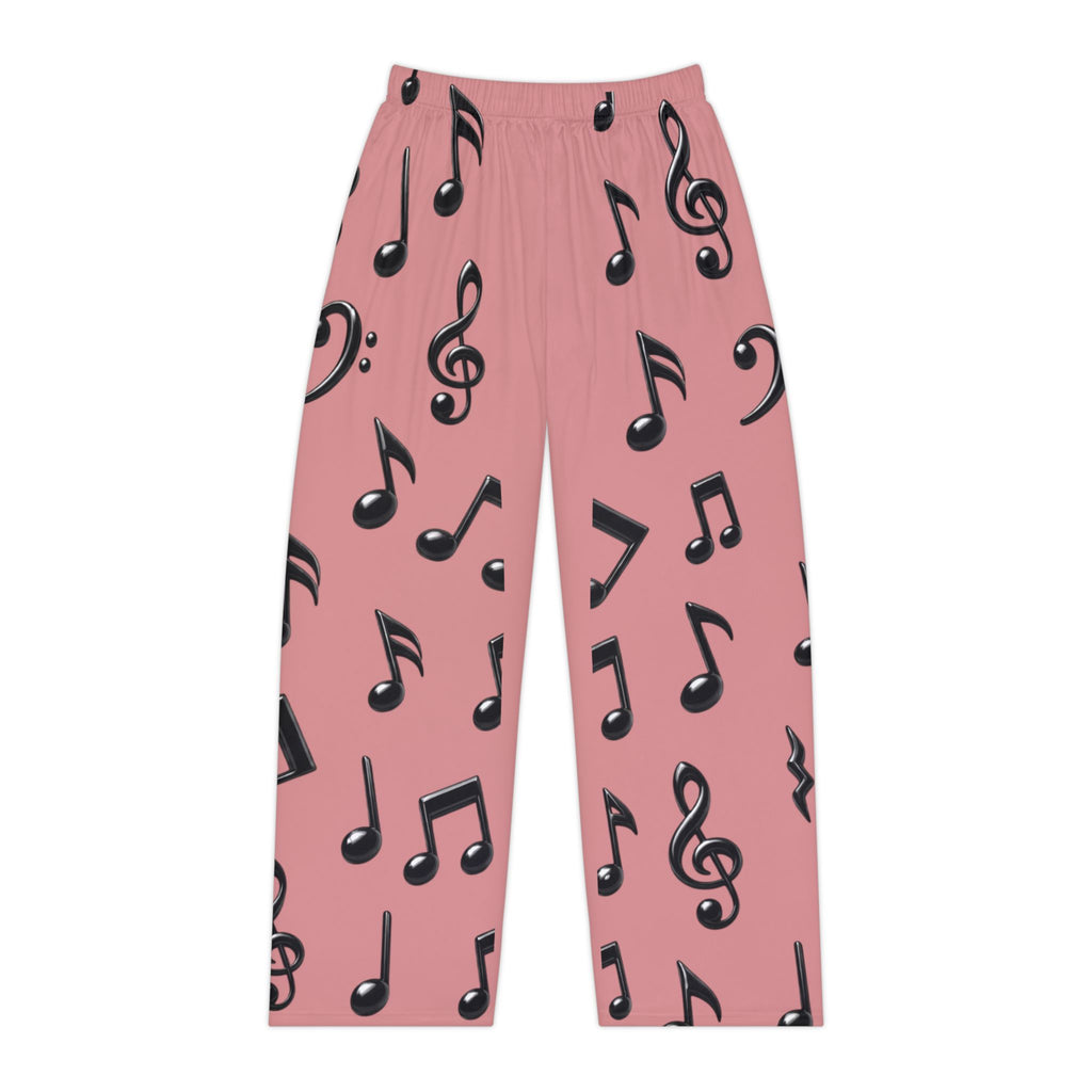 Black Music Notes Pattern Pajama Pants | Women's Pink All-Over Print
