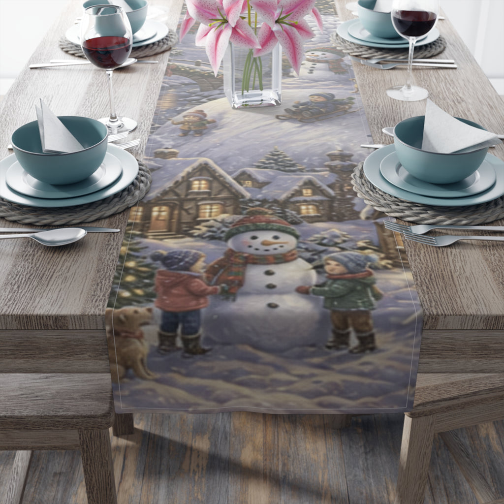 Storybook Snowman Village Table Runner, Winter Wonderland Cotton Poly