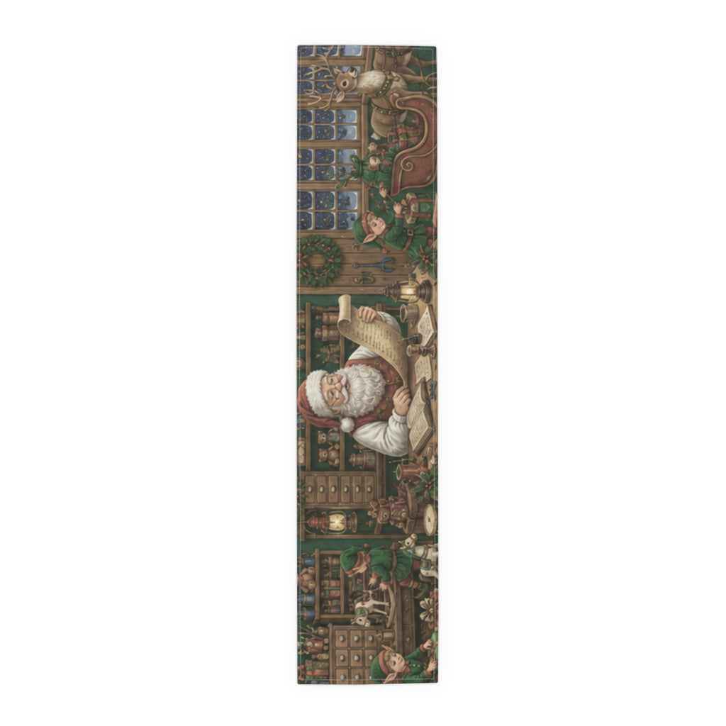 Santas Workshop Scene Table Runner | Santa, Elves & Reindeer Holiday Decor