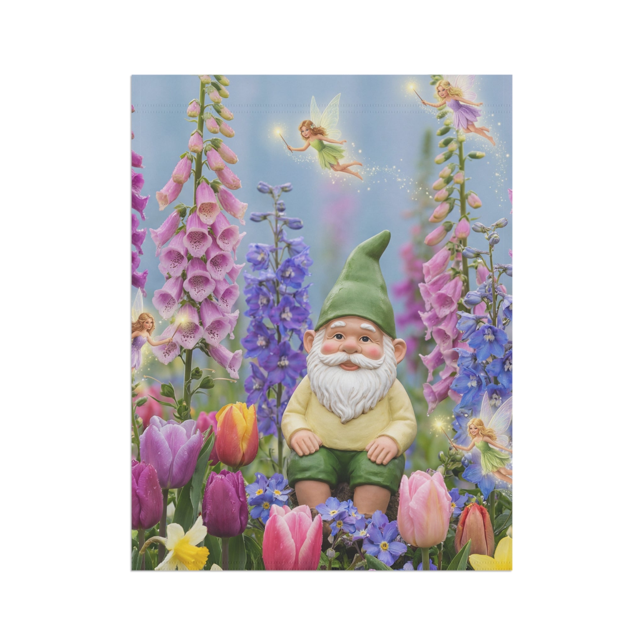 Gnome in Tulip Garden Banner | Garden Flag, Spring Floral Yard Decor