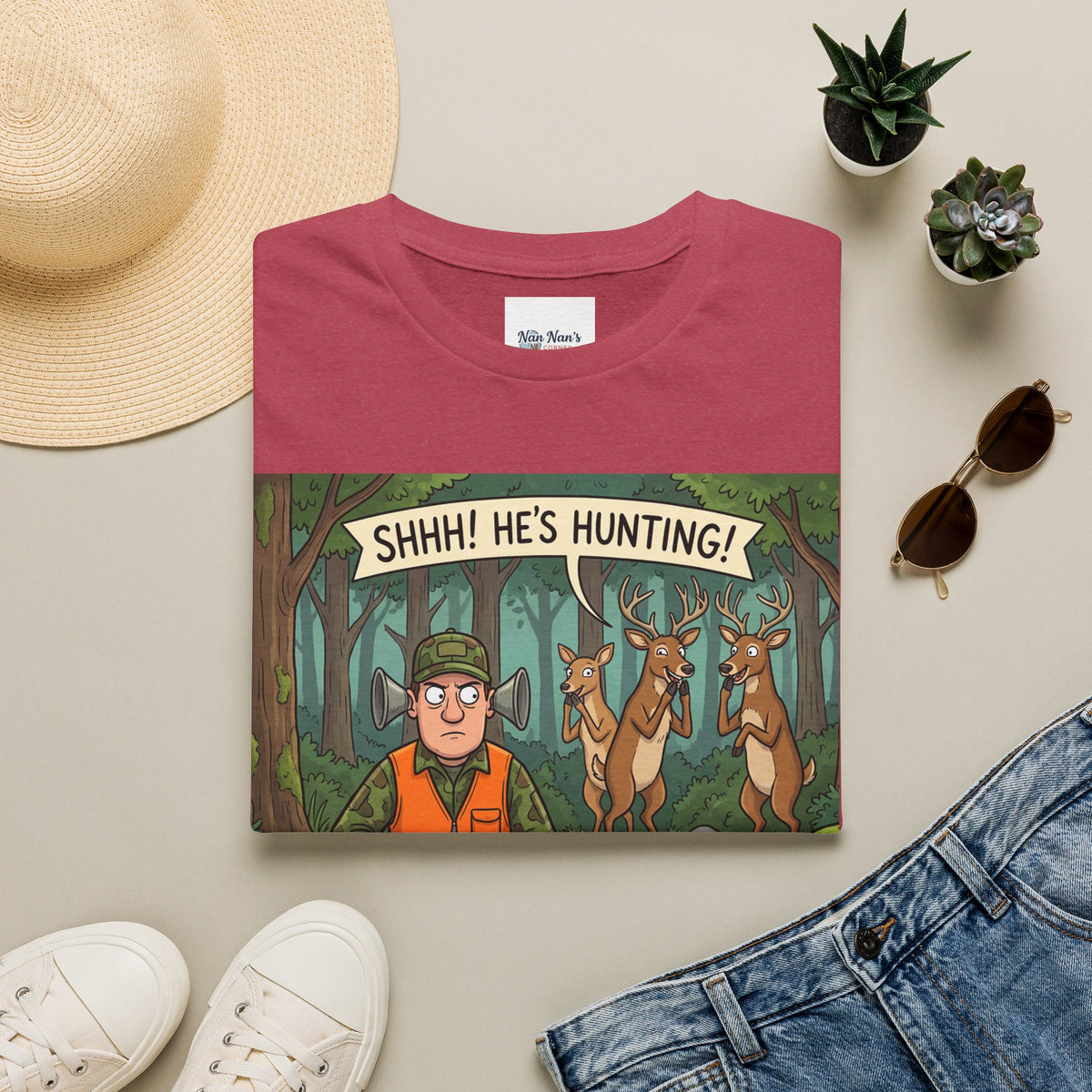 Shhh He's Hunting Unisex Graphic T-Shirt – Novelty Hunter Cotton Tee