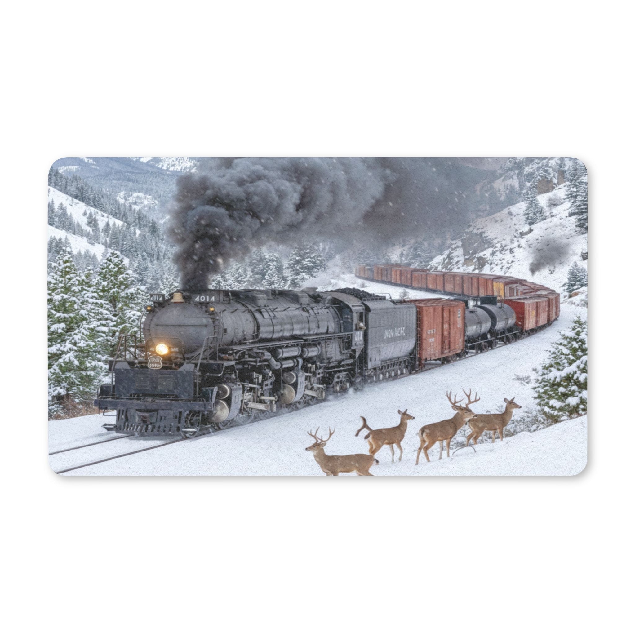 Steam Locomotive in Snow Polyester Doormat | Vintage Train, Deer Scene