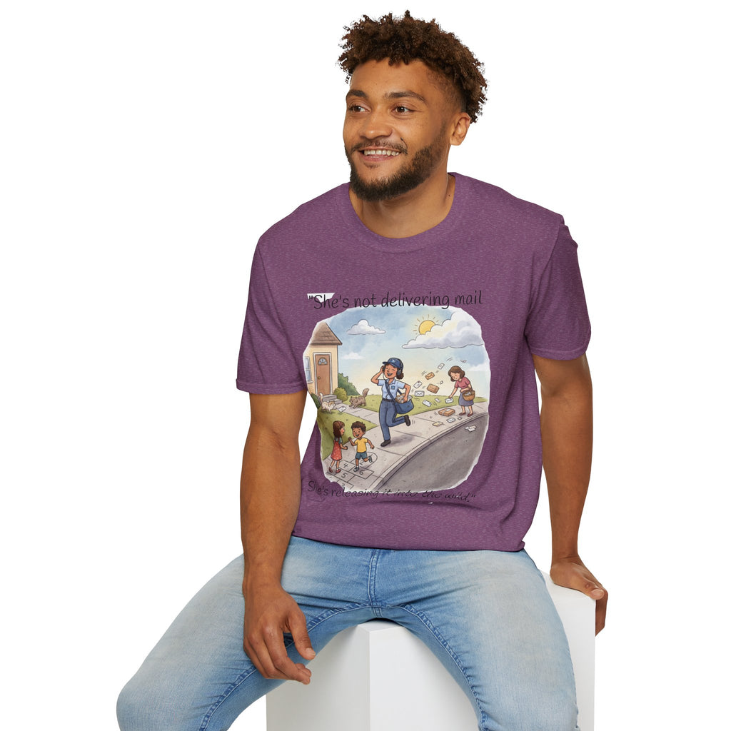 T‑Shirt – "She’s not delivering mail, she’s delivering a little wind" Cute Postal Worker Illustration Tee