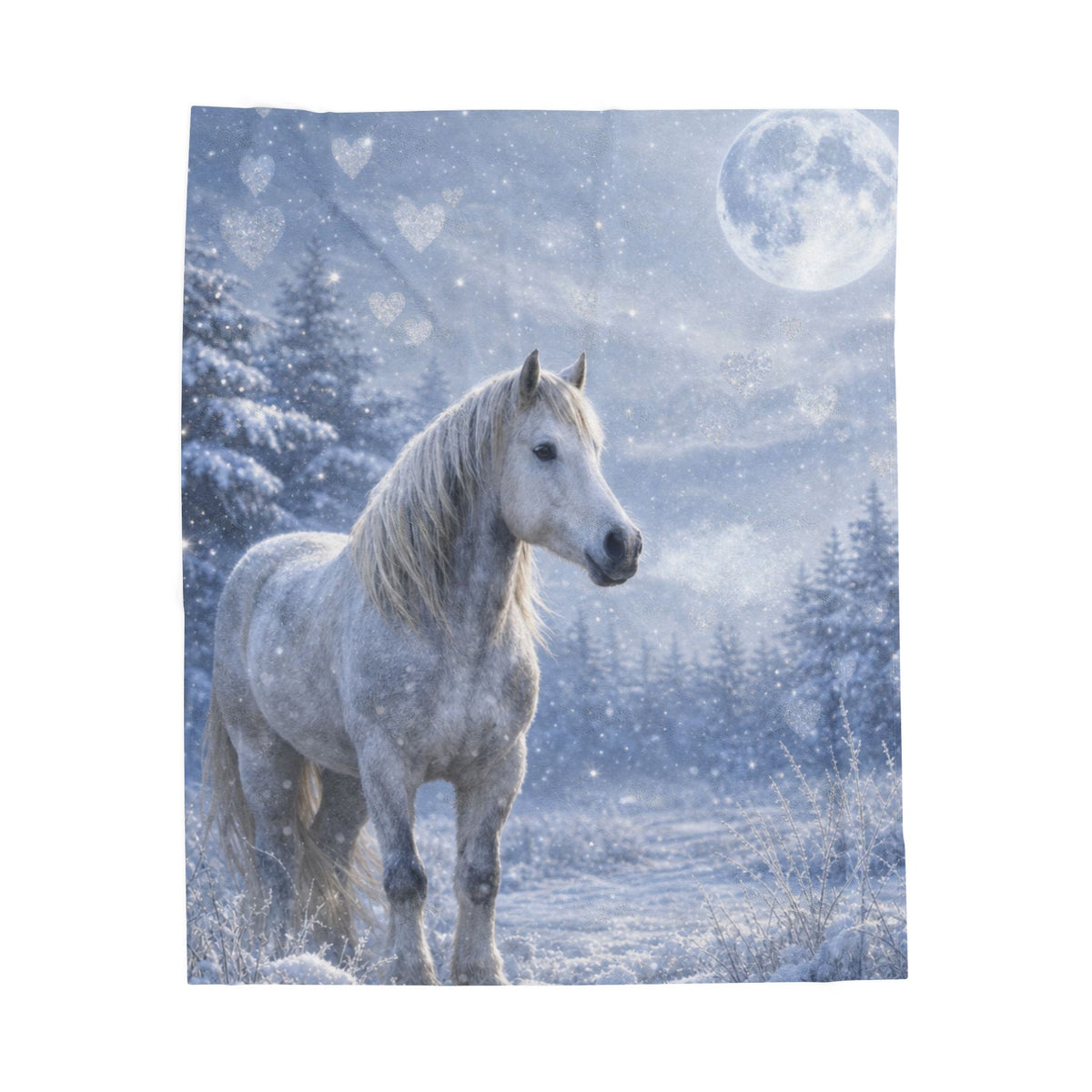 White Horse Winter Moon Velveteen Plush Blanket | Fantasy Forest Print