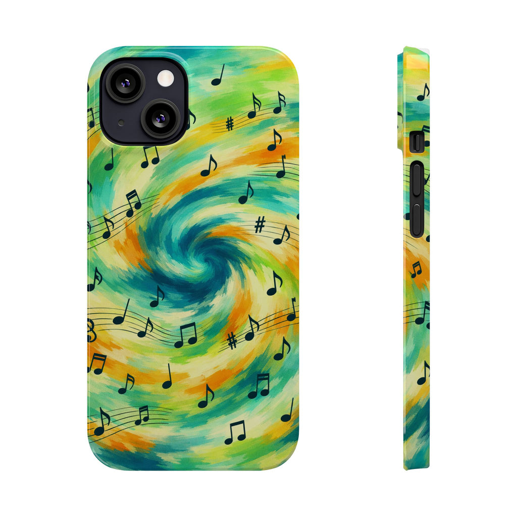 Music Notes Swirl Slim Phone Case | Colorful Turquoise Yellow Galaxy