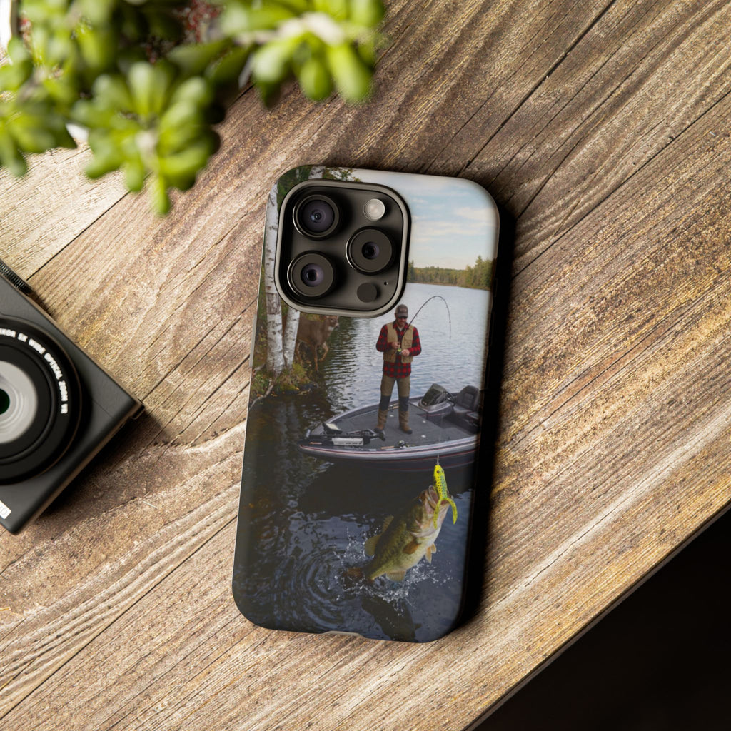 Fisherman Catching Bass phone case | Fishing lake photo phone case