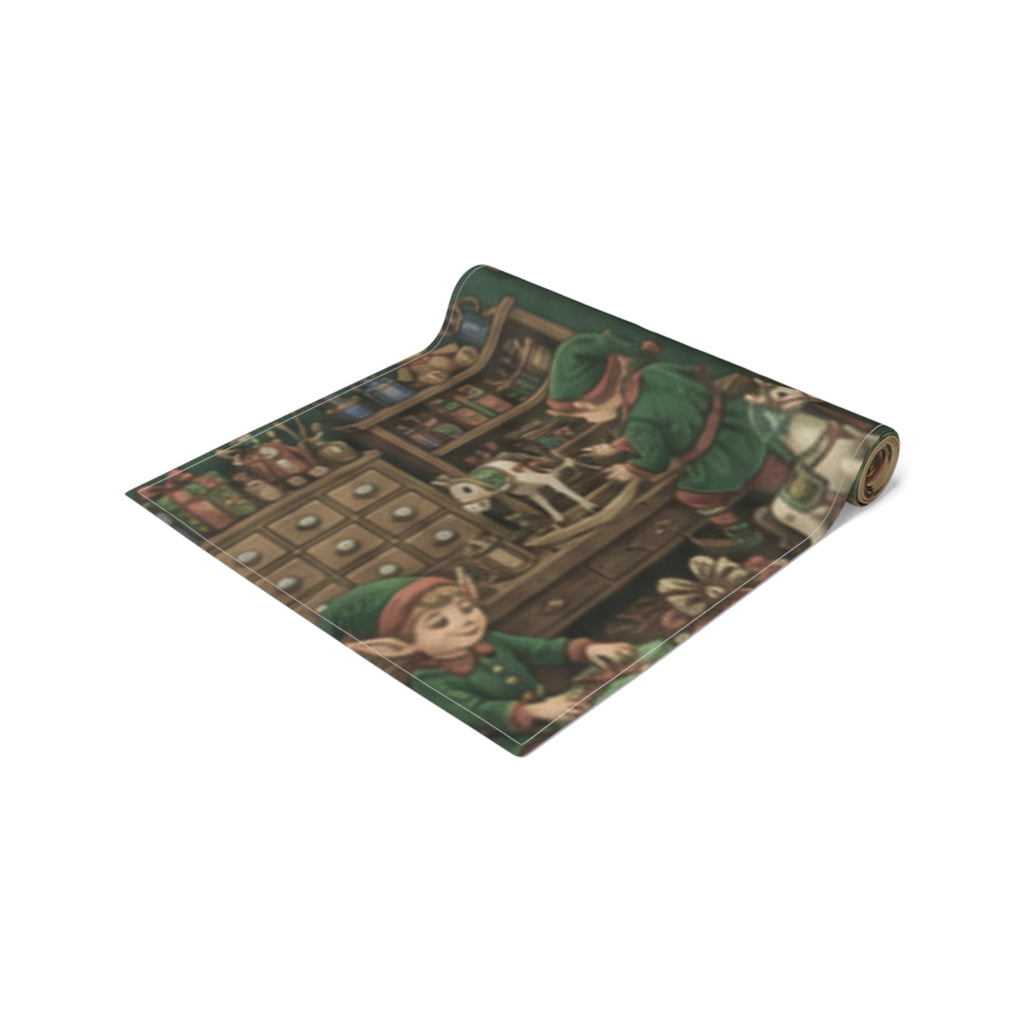Santas Workshop Scene Table Runner | Santa, Elves & Reindeer Holiday Decor