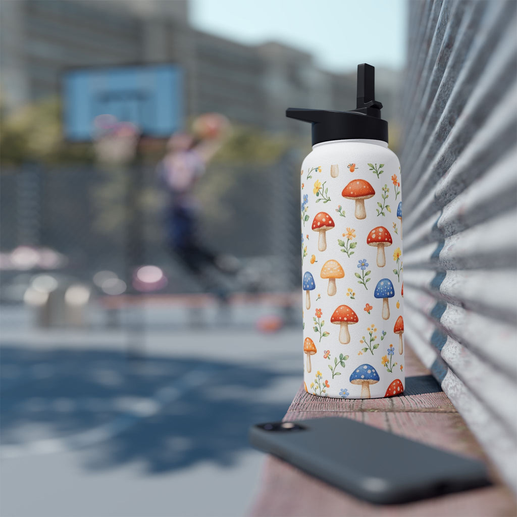 Watercolor Mushroom Pattern Stainless Steel Water Bottle | Floral Doodle