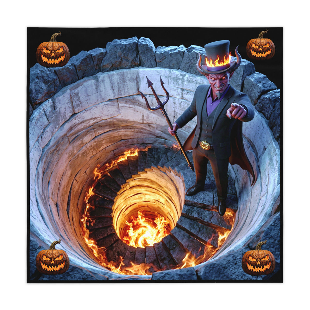 Devil Over Fiery Well Tablecloth | Jack-O'-Lantern Corners – Halloween Table Decor