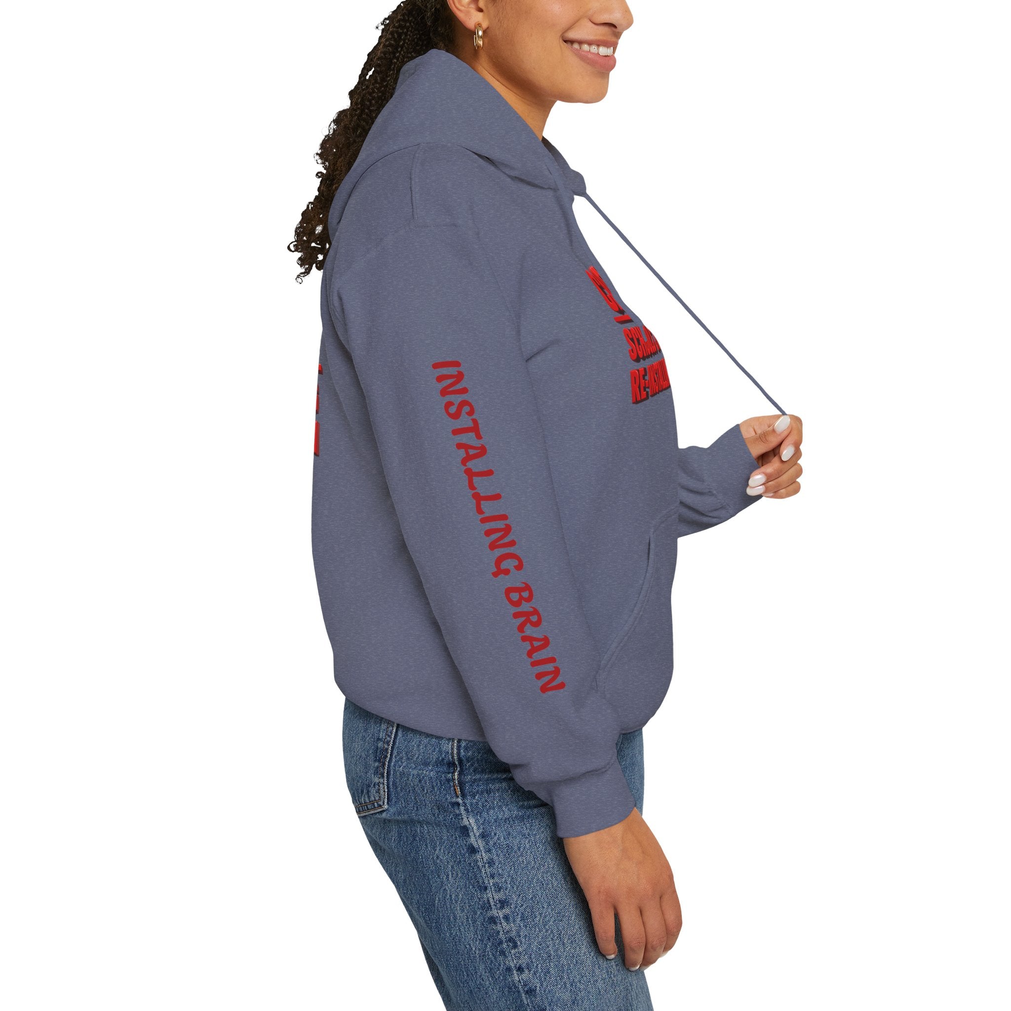 Hoodie — "CAUTION: Schools Starting, Re-Installing Brain" Back-to-School Graphic Hoodie