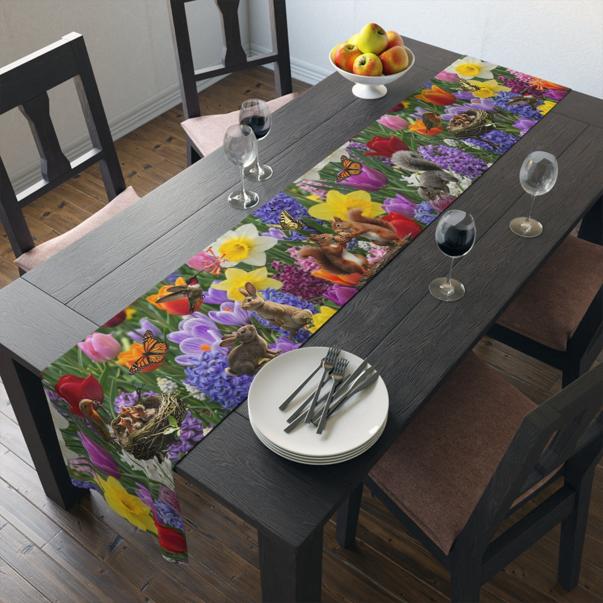 Spring Garden Birds Table Runner | Floral Tulip & Daffodil Dining Decor