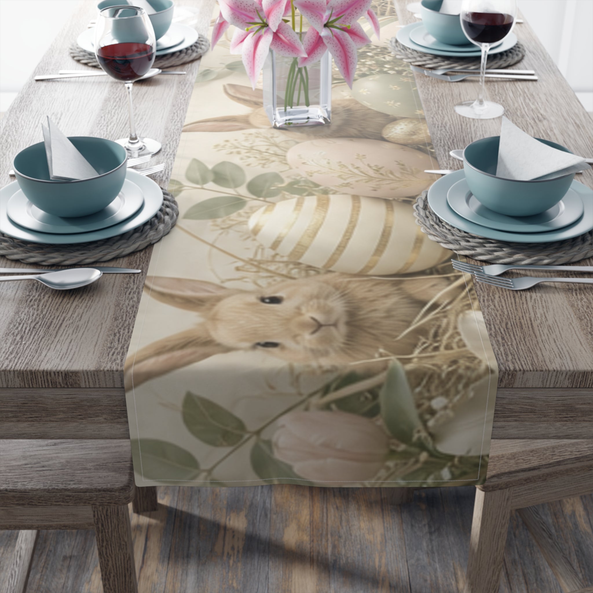 Easter Bunnies and Painted Eggs Table Runner Cotton Poly | Neutral Side