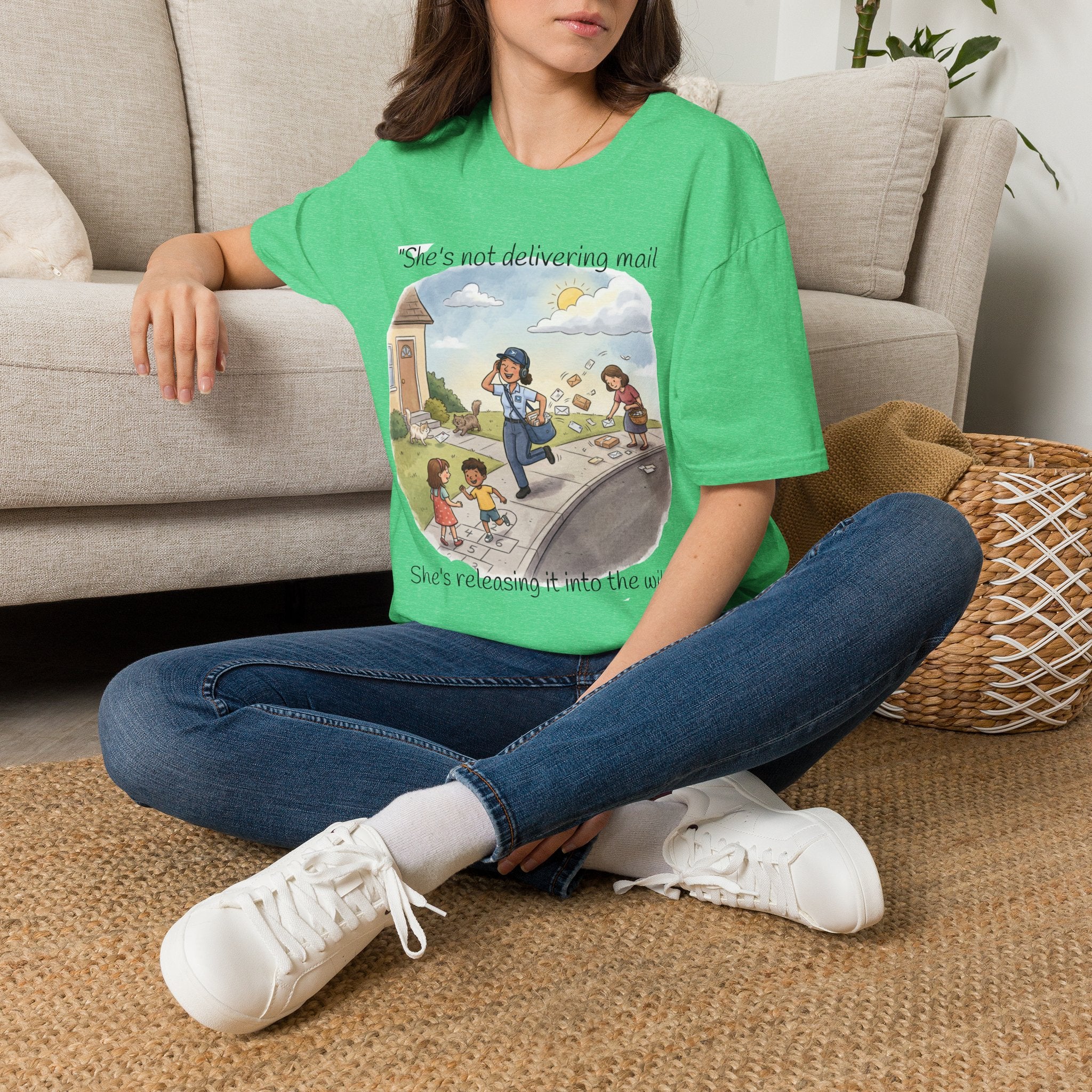 T‑Shirt – "She’s not delivering mail, she’s delivering a little wind" Cute Postal Worker Illustration Tee