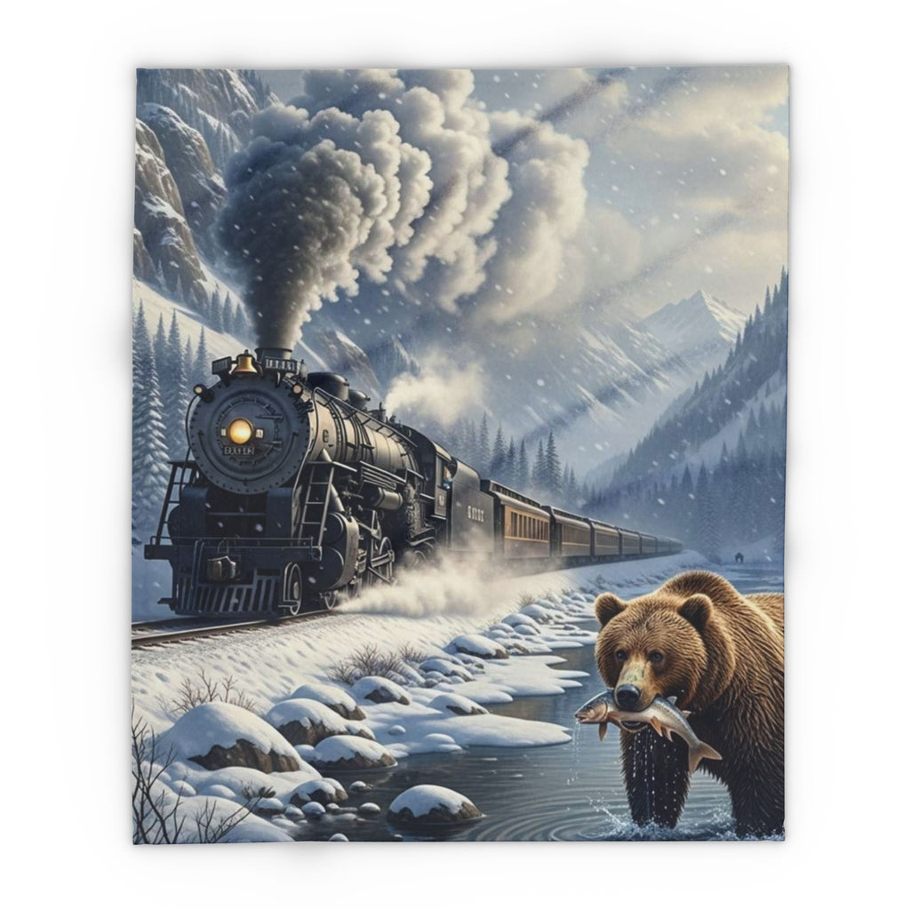 Bear Catching Salmon, Fleece Blanket | Steam Train Winter Landscape