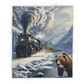 Bear Catching Salmon, Fleece Blanket | Steam Train Winter Landscape