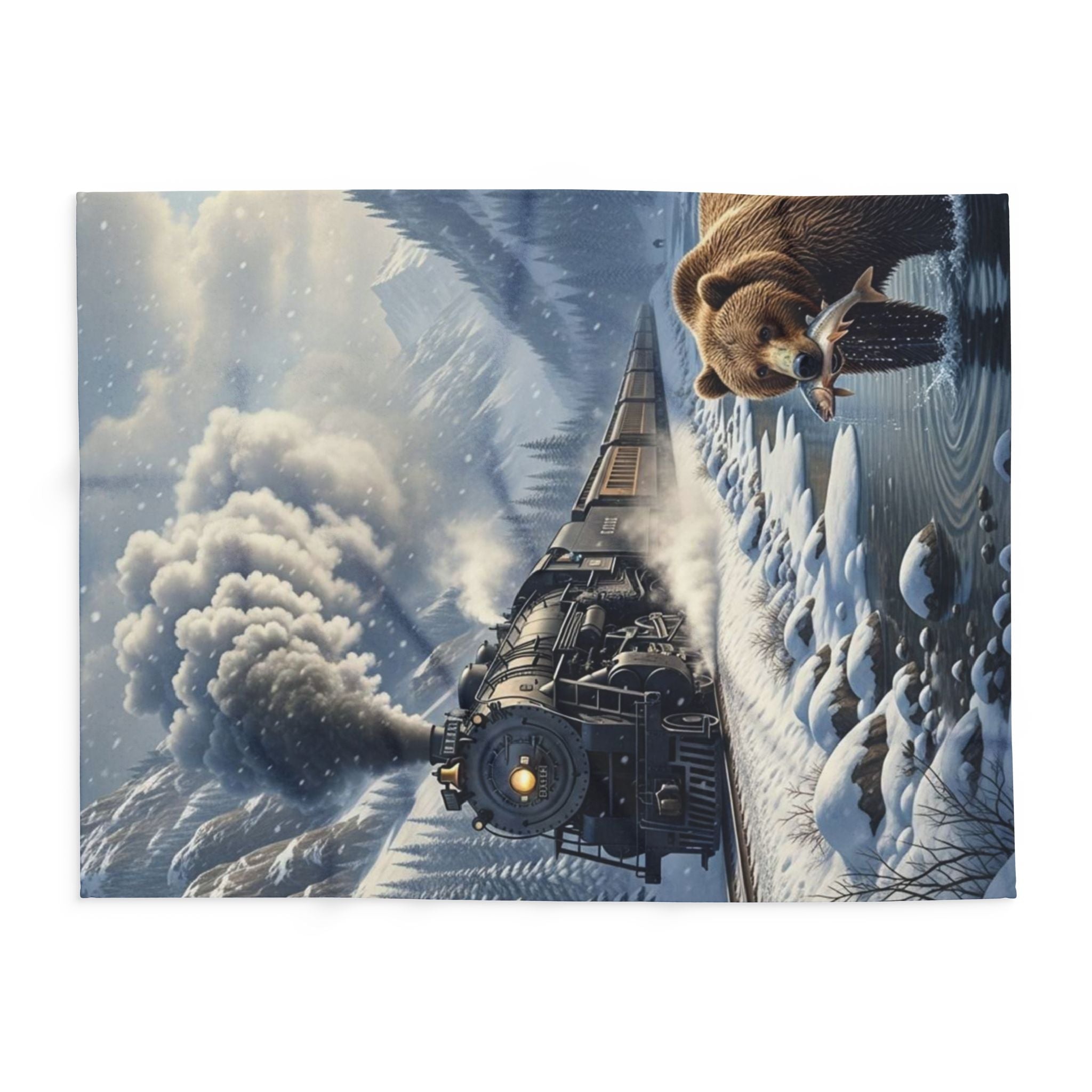 Bear Catching Salmon, Fleece Blanket | Steam Train Winter Landscape