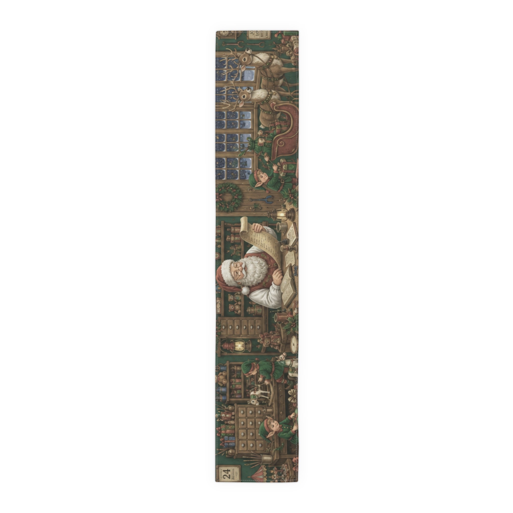 Santas Workshop Scene Table Runner | Santa, Elves & Reindeer Holiday Decor