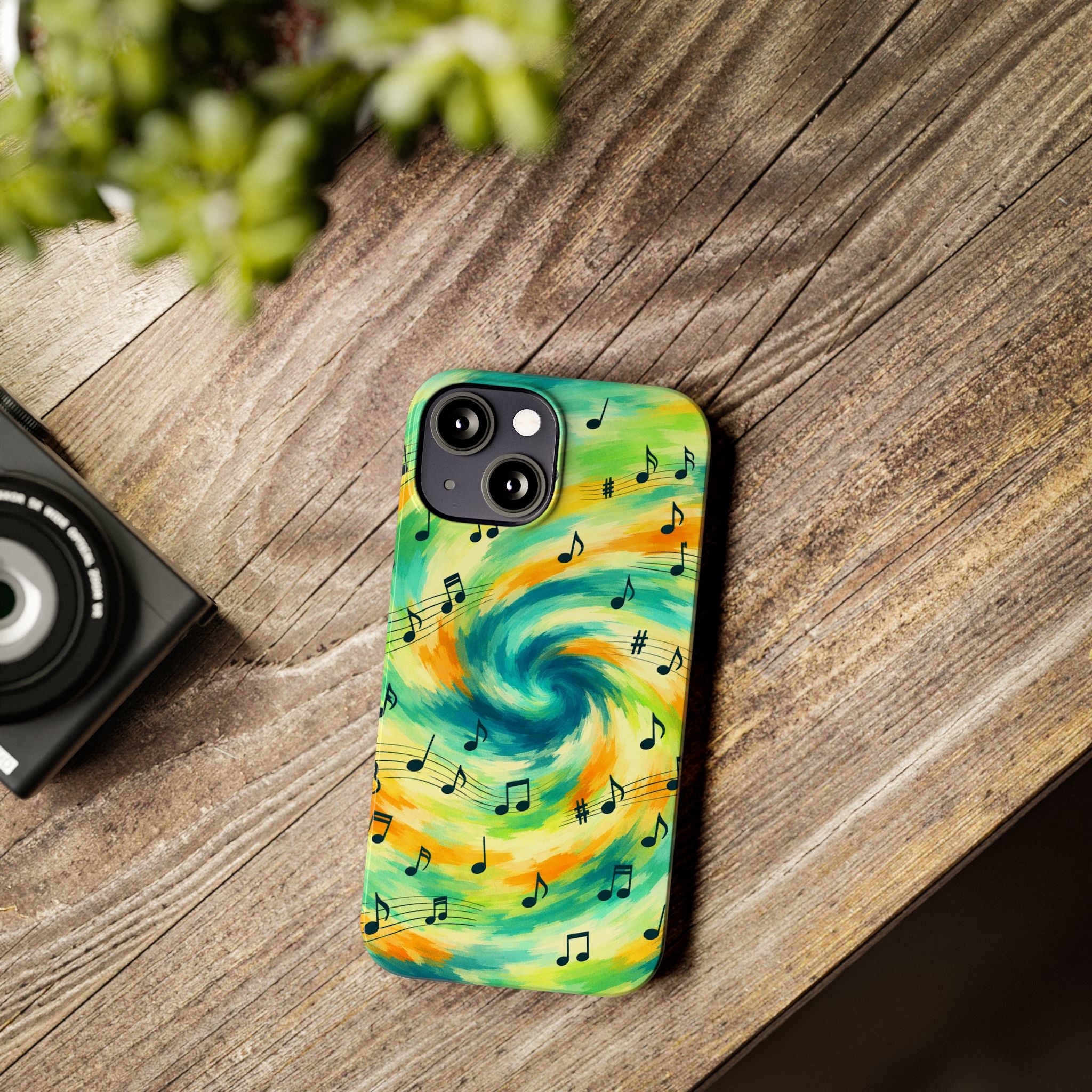 Music Notes Swirl Slim Phone Case | Colorful Turquoise Yellow Galaxy