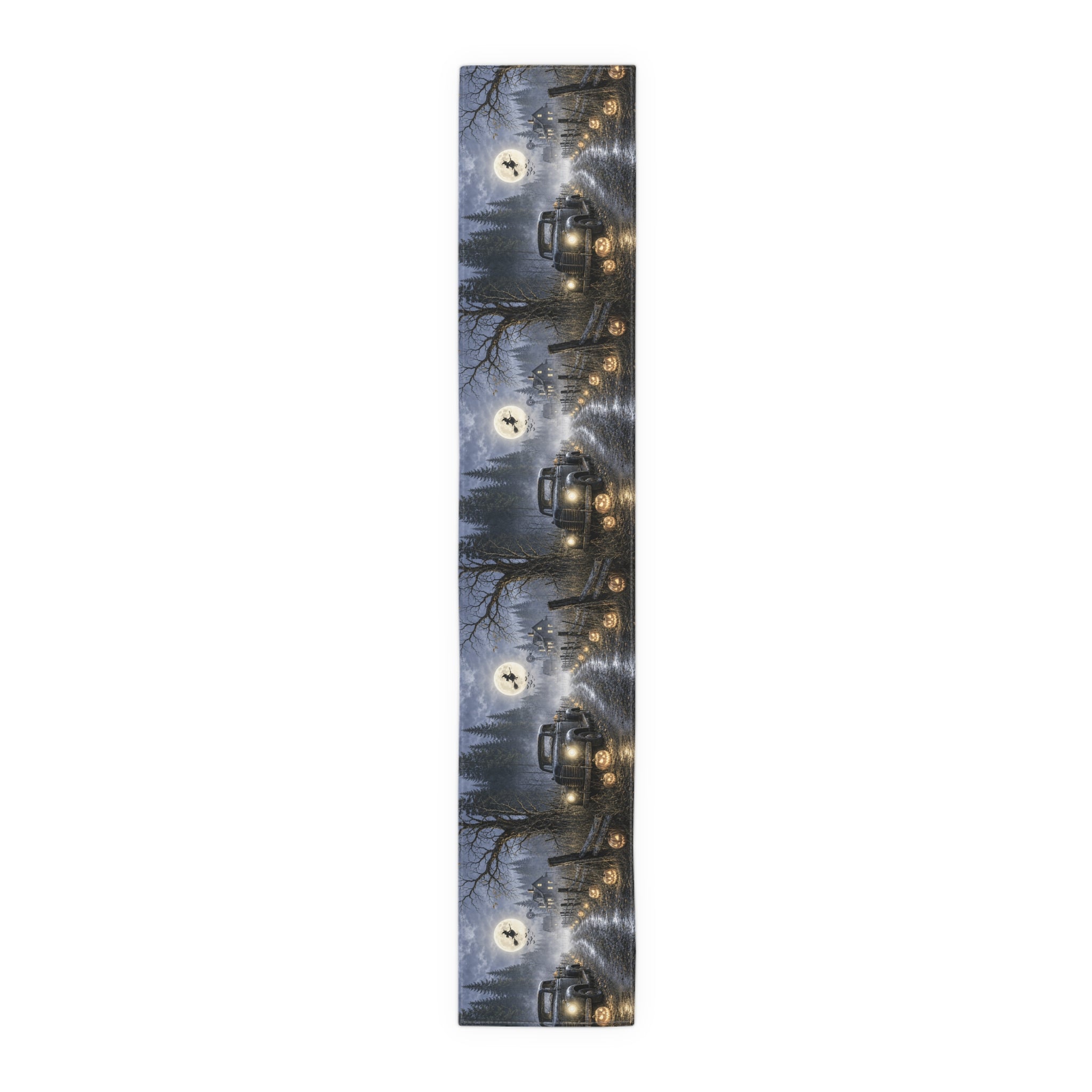 Spooky Truck Halloween Table Runner | Pumpkin Lined Road, Full Moon