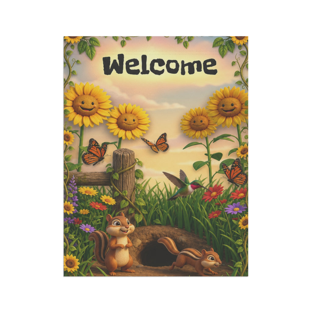 Chipmunks & Sunflowers Welcome Banner flag | Garden House Porch Decor