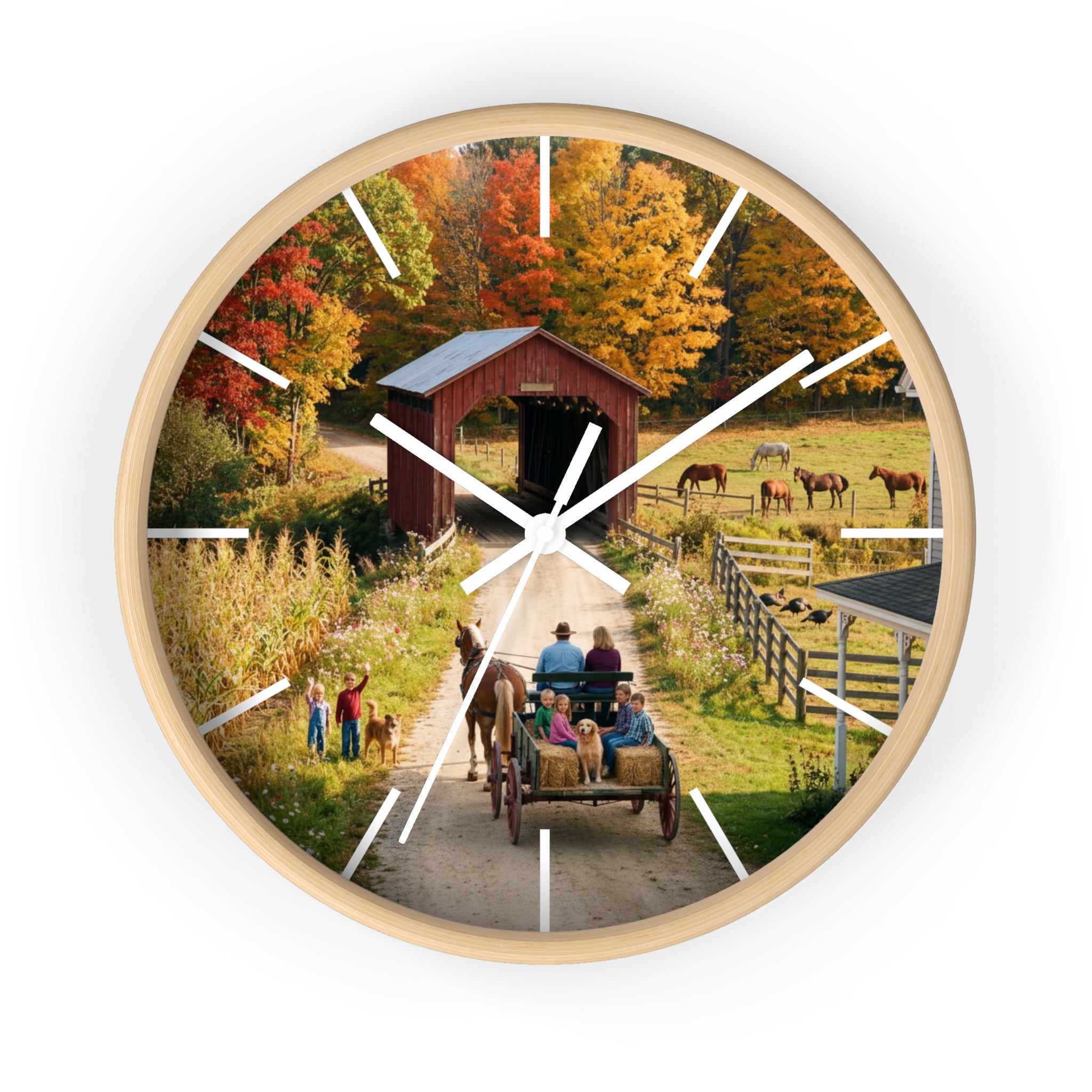Autumn Covered Bridge Wall Clock / Country Wagon & Fall Scenery