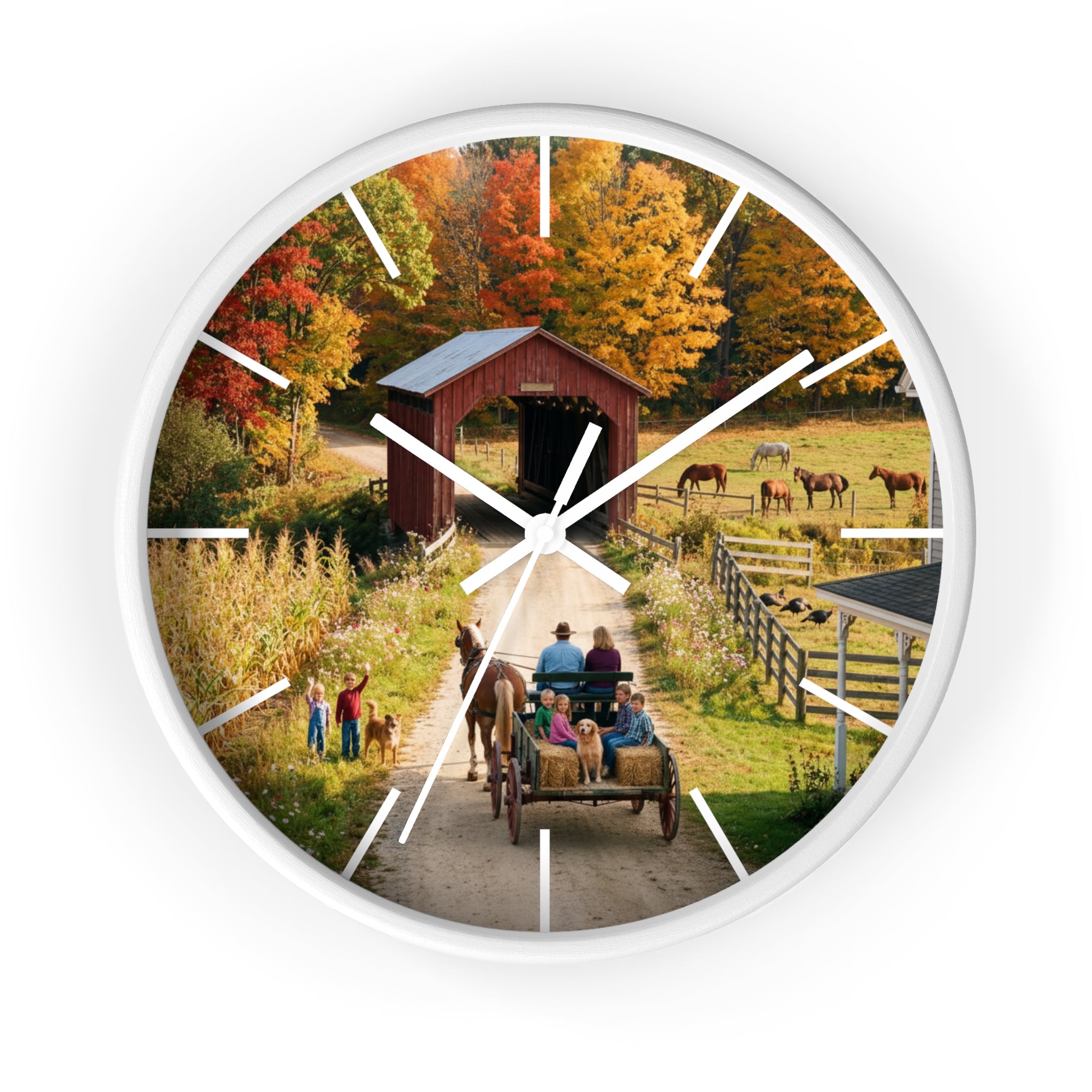 Autumn Covered Bridge Wall Clock / Country Wagon & Fall Scenery