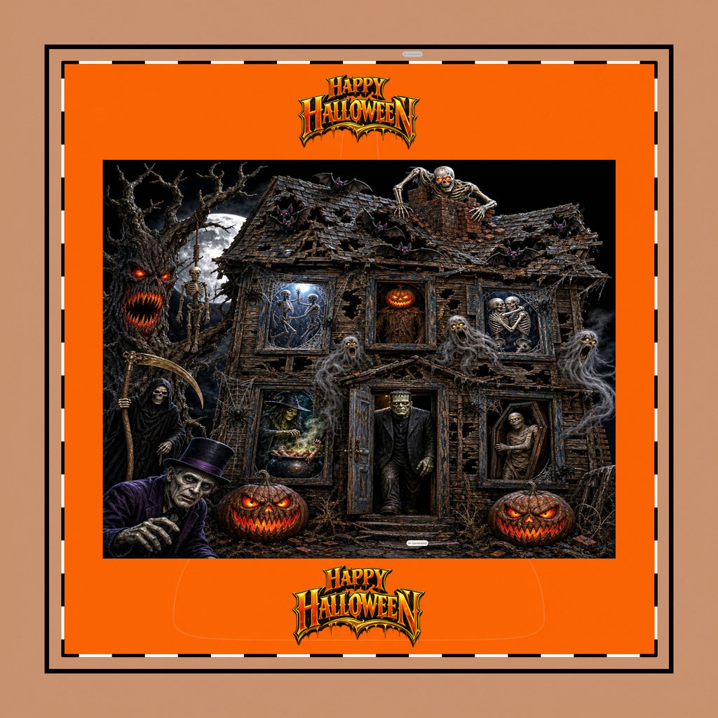 Halloween Haunted House Dinner Napkin | Jack-O'-Lanterns, Ghouls & Gothic Mansion – Poly Twill