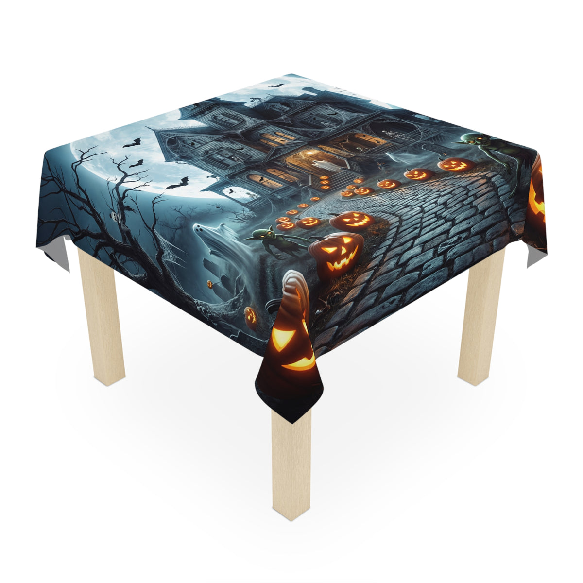 Haunted House Halloween Tablecloth | Moonlit Jack-O'-Lanterns & Drifting Ghosts
