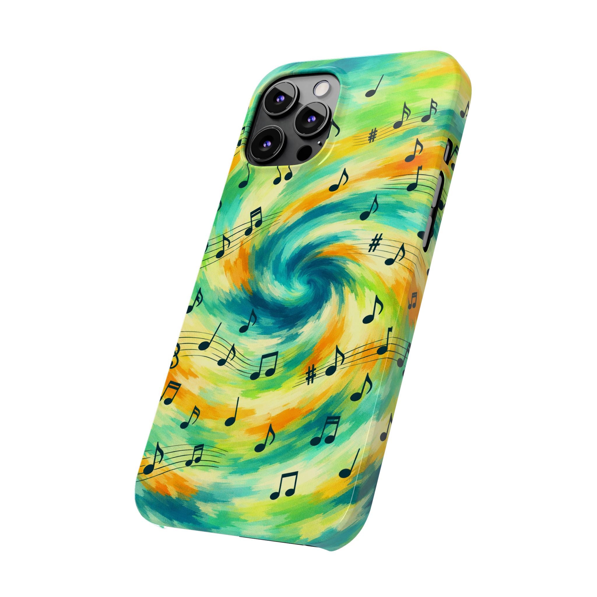 Music Notes Swirl Slim Phone Case | Colorful Turquoise Yellow Galaxy