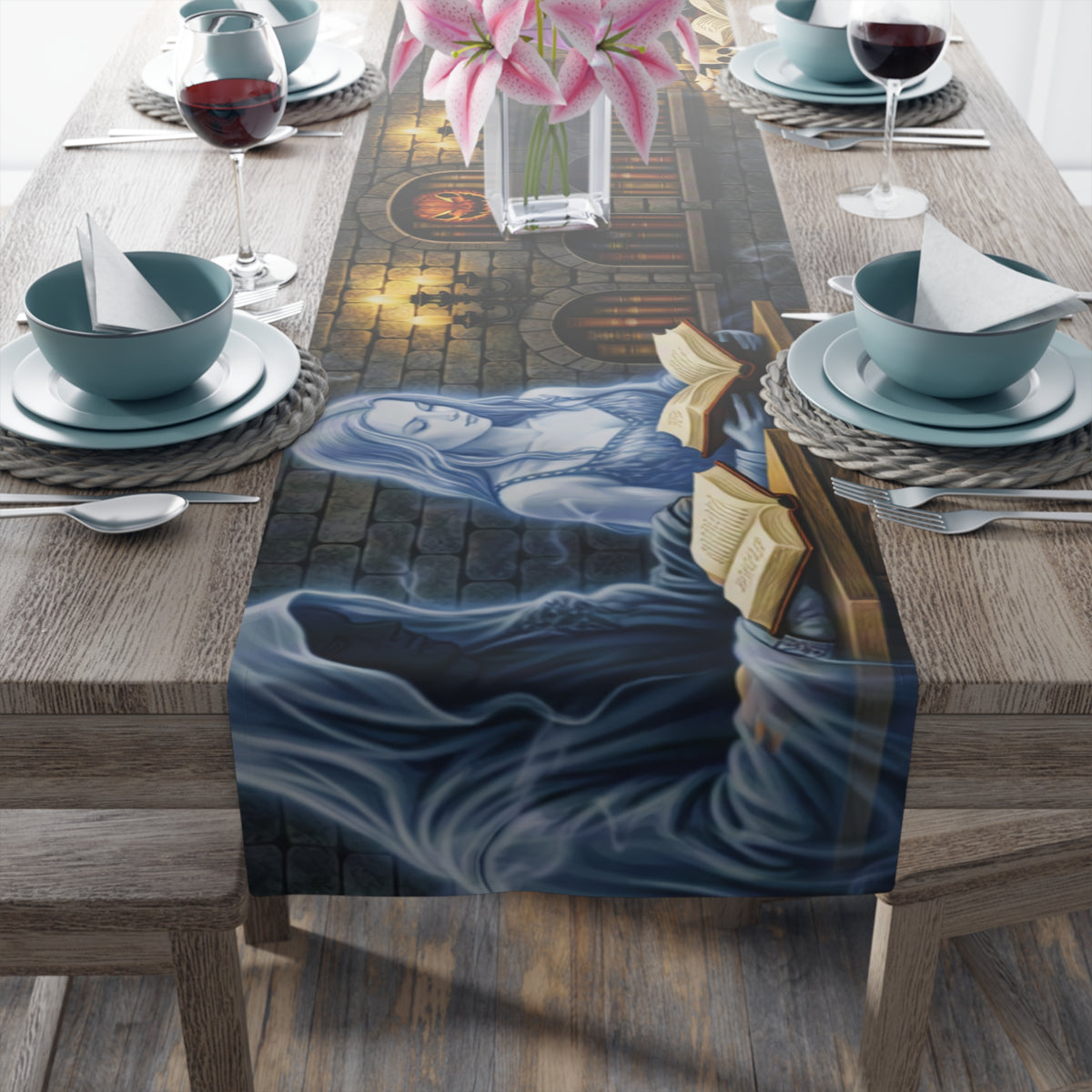 Witch & Spellbook Table Runner | Candlelit Gothic Scene – Halloween Dining Decor