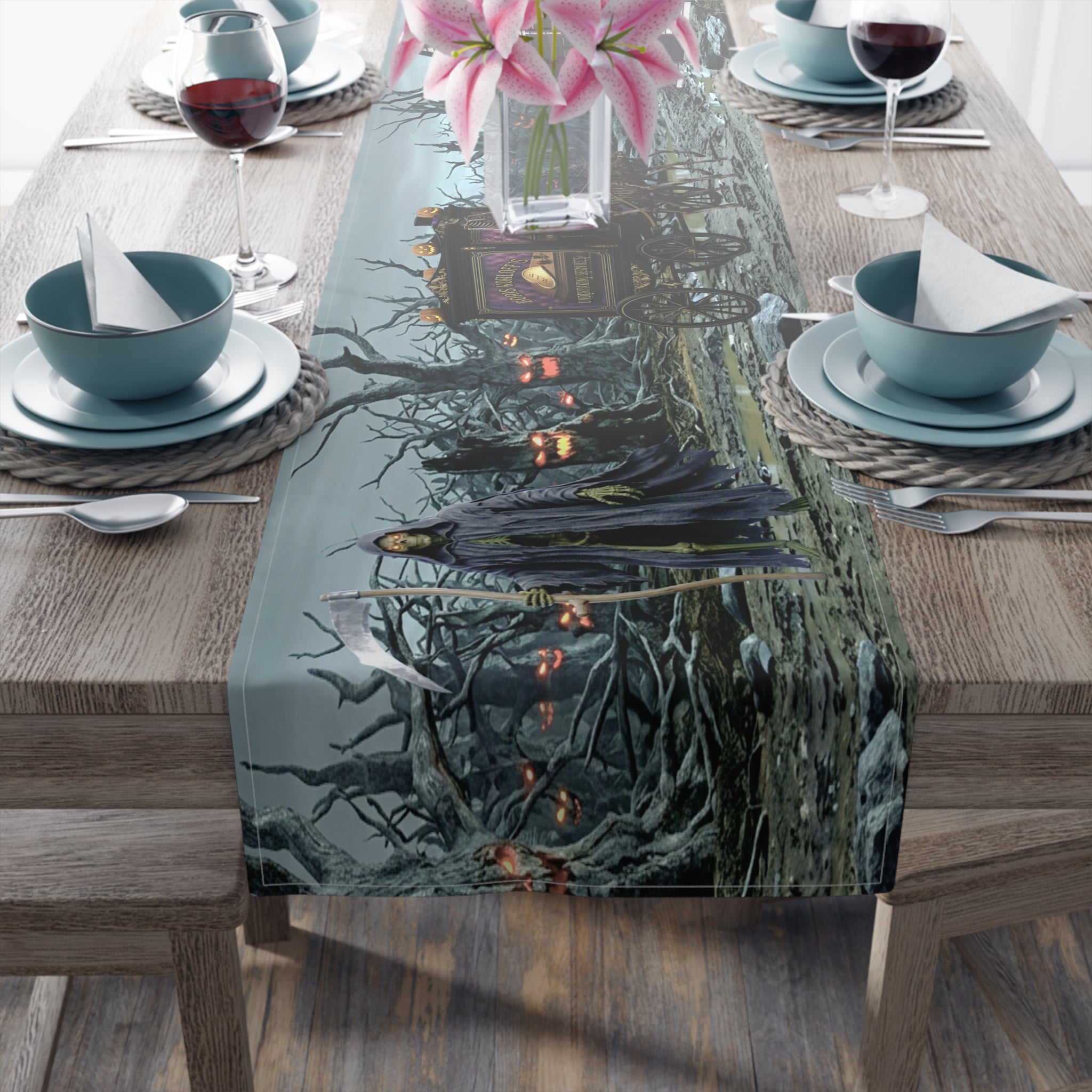Haunted Hearse Carriage Table Runner | Halloween Spooky Graveyard Scene