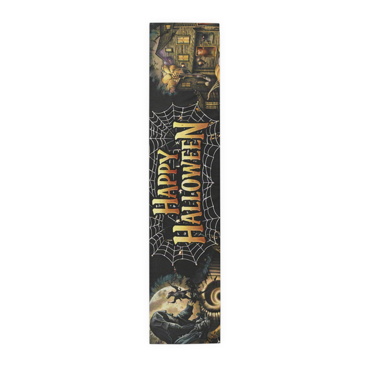 Halloween Spiderweb Table Runner | Full Moon, Bats & Vintage Illustration – Spooky Table Decor