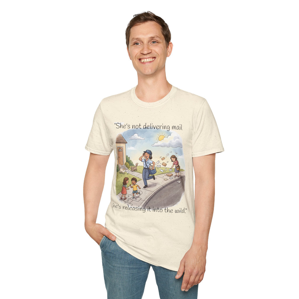 T‑Shirt – "She’s not delivering mail, she’s delivering a little wind" Cute Postal Worker Illustration Tee