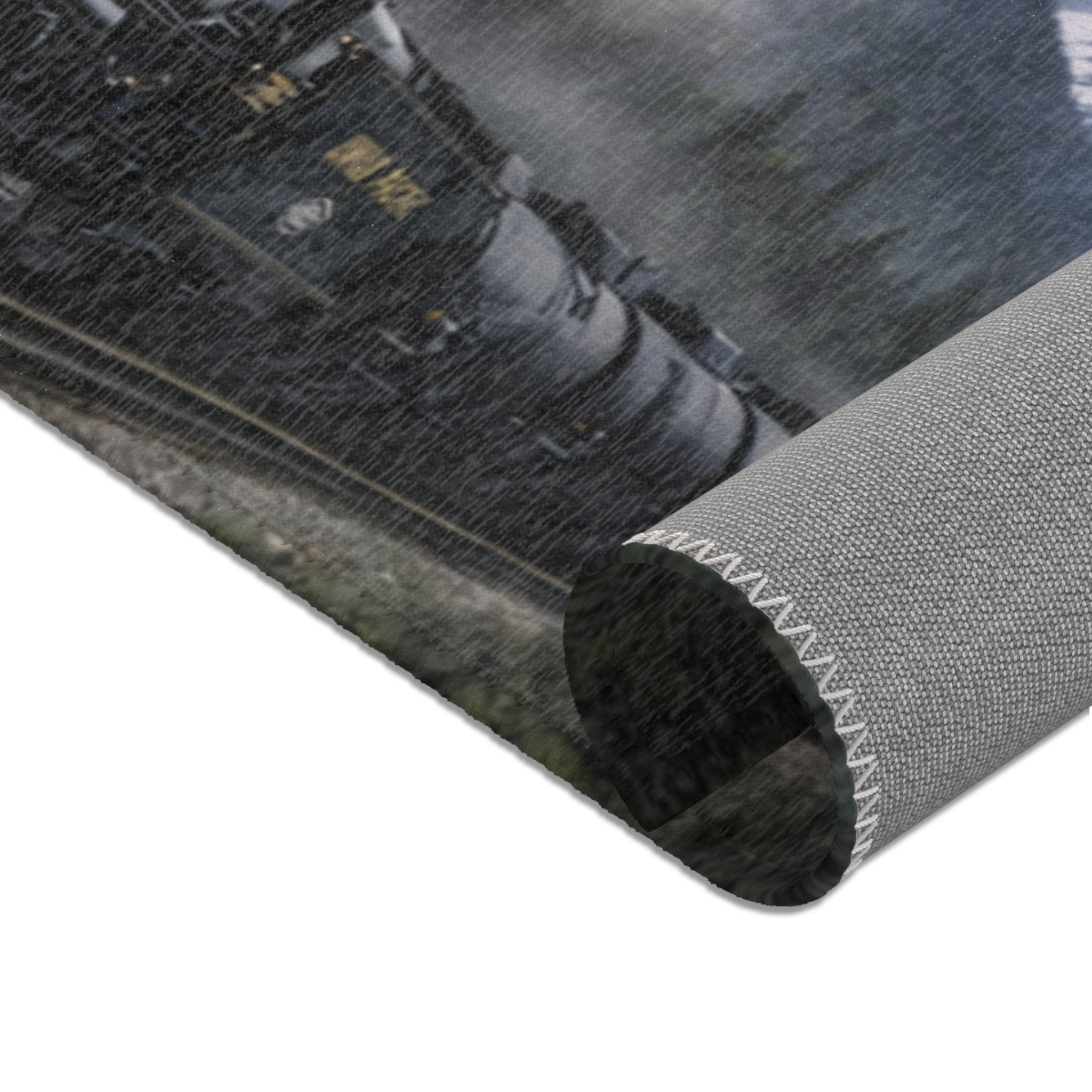 Steam Train Countryside Area Rug | Snowy Mountains, Eagle, Lightning