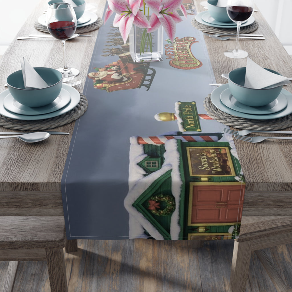 Christmas Village Scene Table Runner | Holiday Snowy Cottage Design