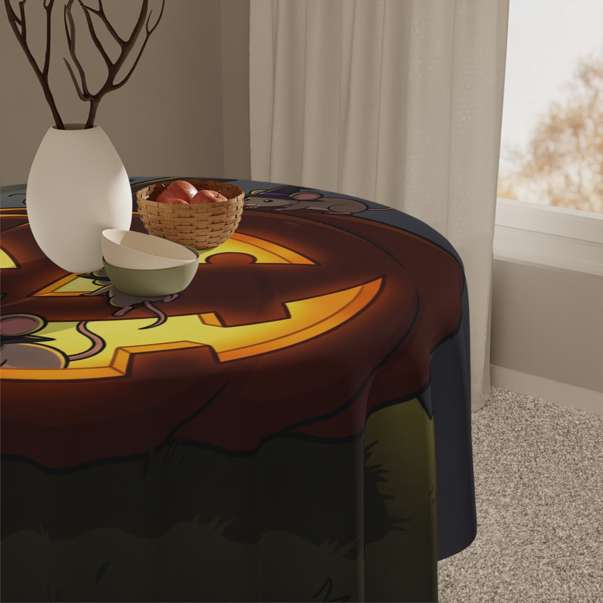 Jack-O'-Lantern & Witch Hat Mice Tablecloth | Whimsical Halloween Table Linen