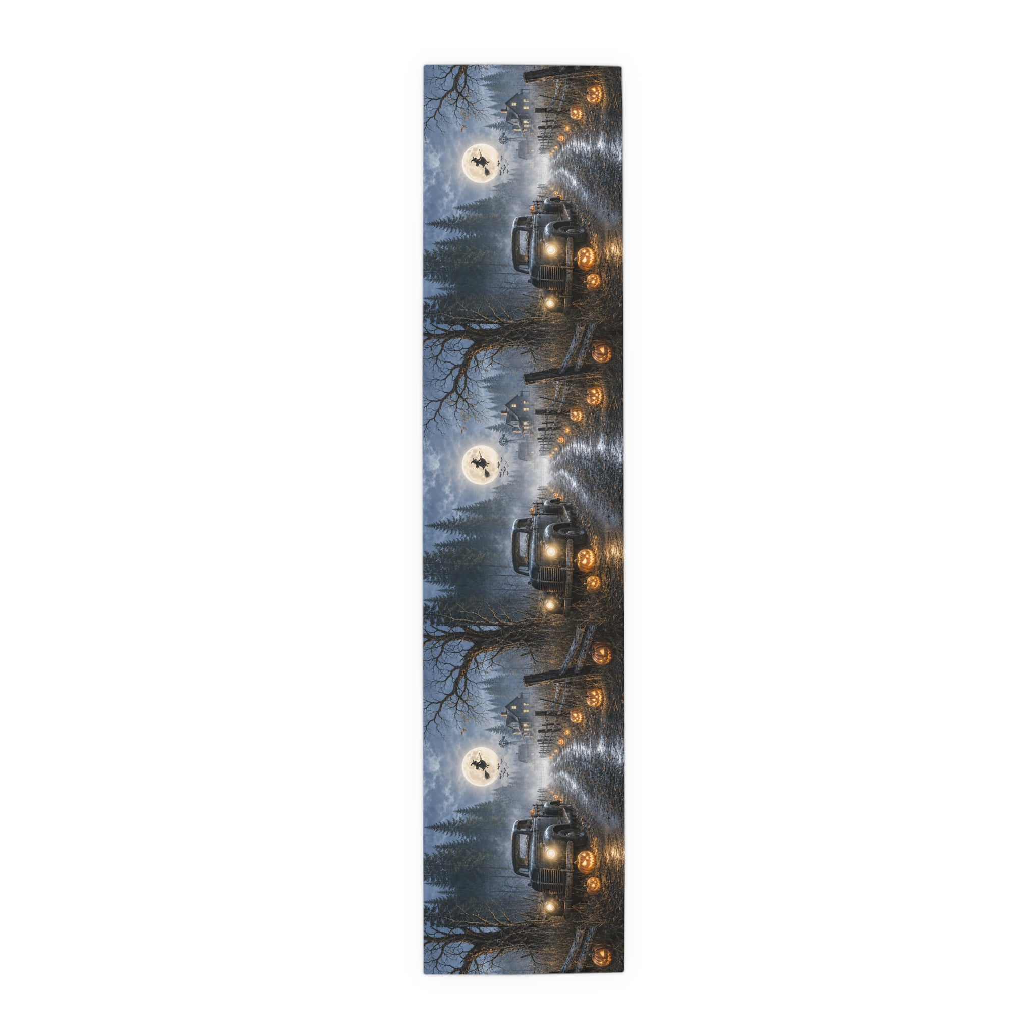 Spooky Truck Halloween Table Runner | Pumpkin Lined Road, Full Moon