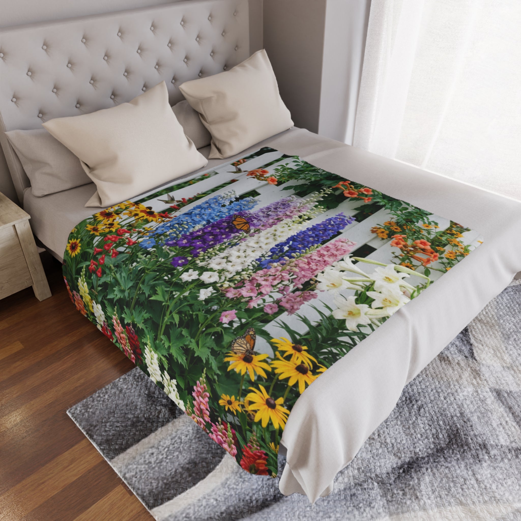 Floral Garden Minky Blanket/ Colorful Lupines & Butterfly Throw