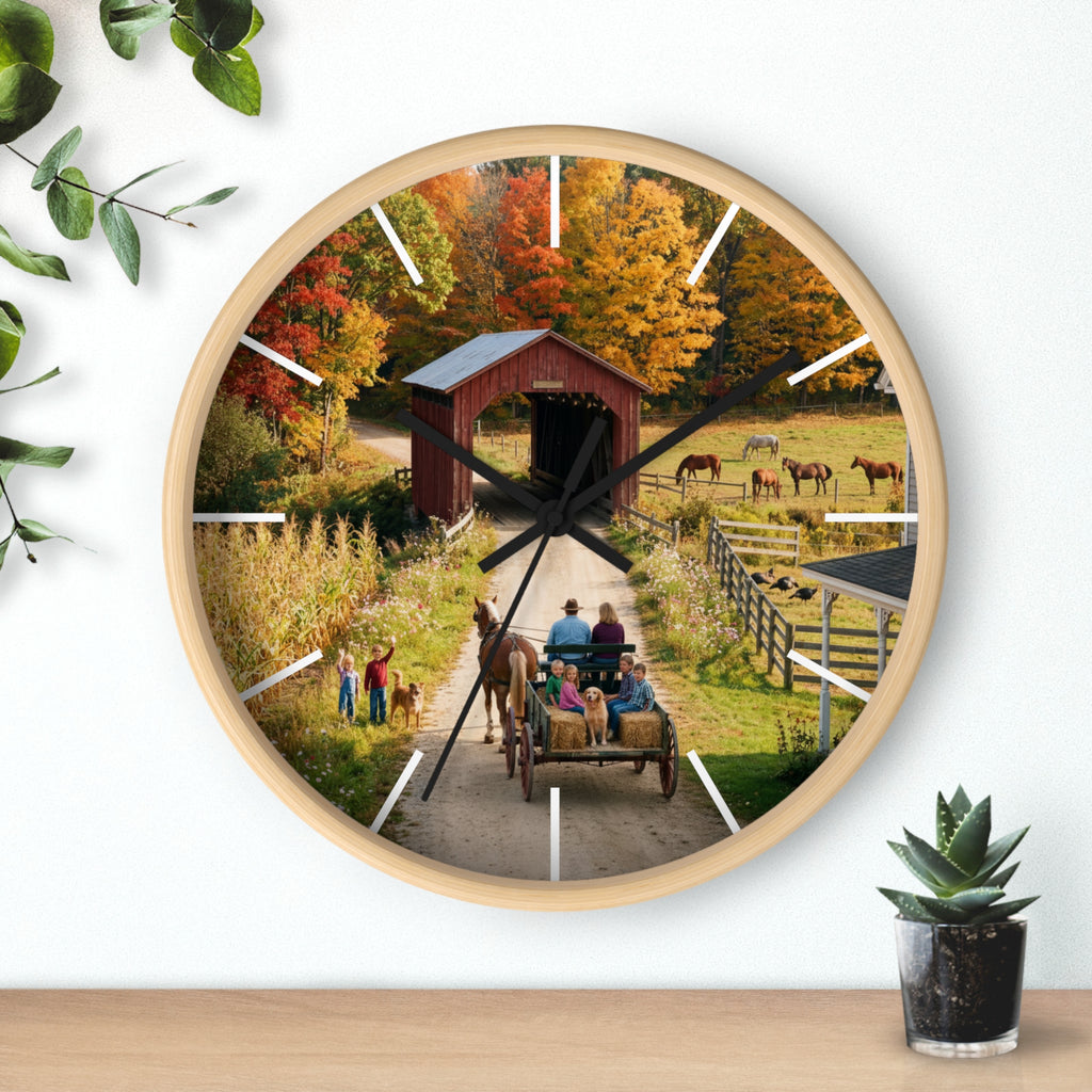 Autumn Covered Bridge Wall Clock / Country Wagon & Fall Scenery
